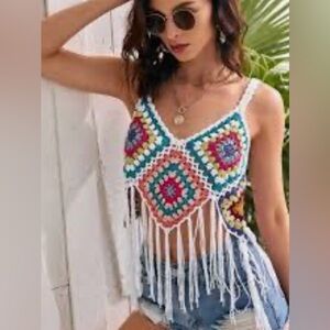 Bohemian-style crochet granny square crop top, tassel camisole/festival tank top